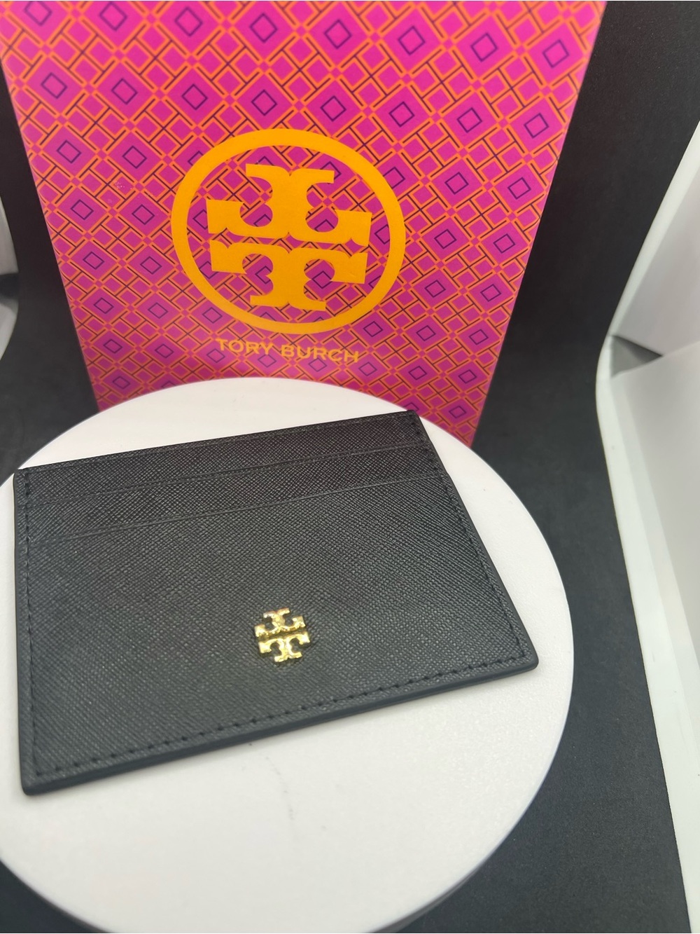 Tory Burch Black Leather Slim Card Holder with Gold Logo